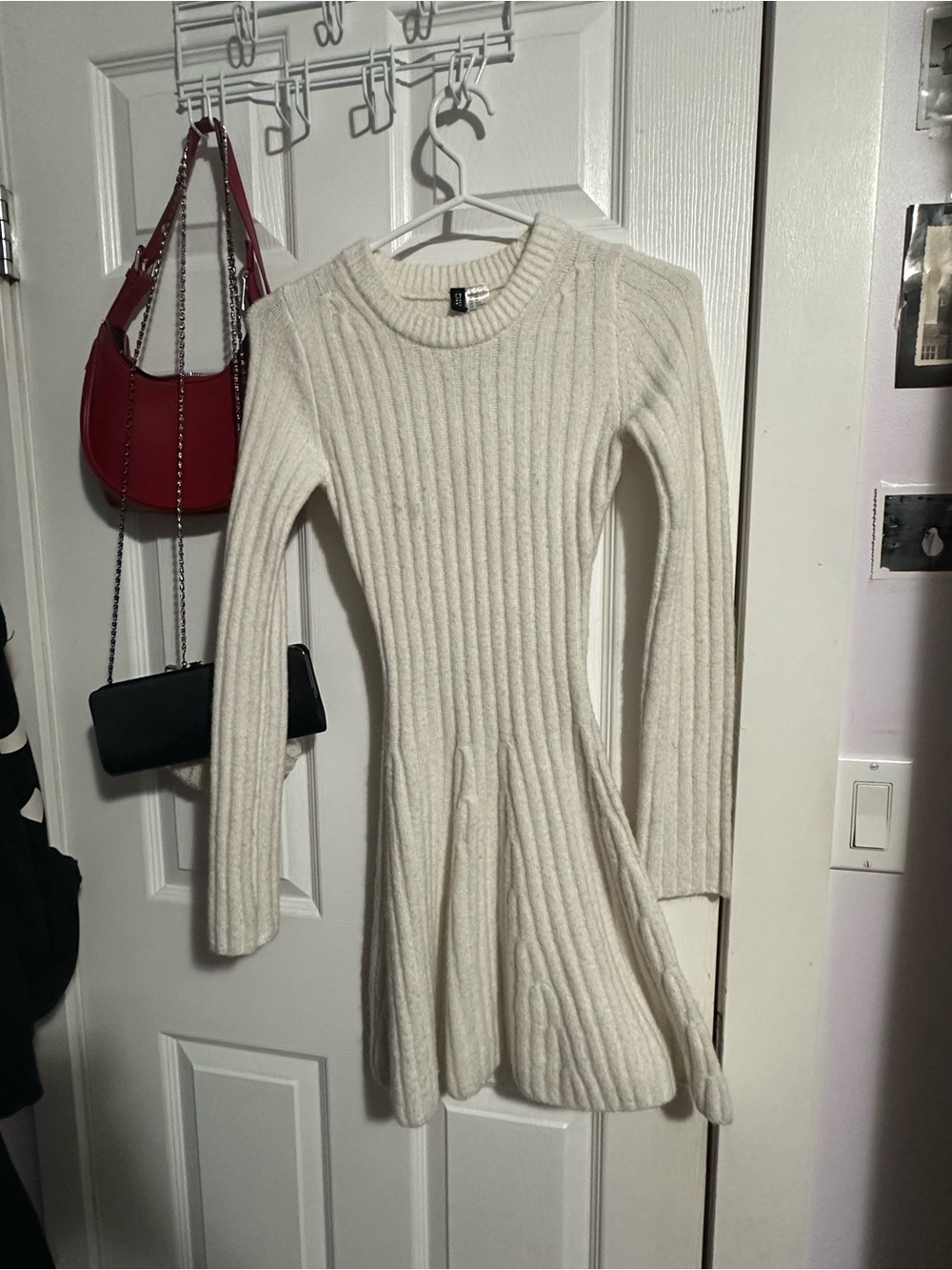 H&M Cream Ribbed Long-Sleeve Fit-and-Flare Dress